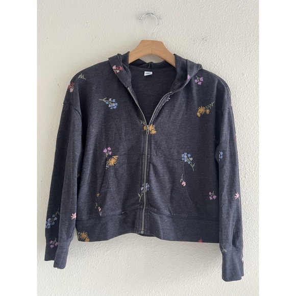 Old Navy Other - Old Navy Zip Up Floral Gray Hooded Sweater Girls L Casual Boho Feminine